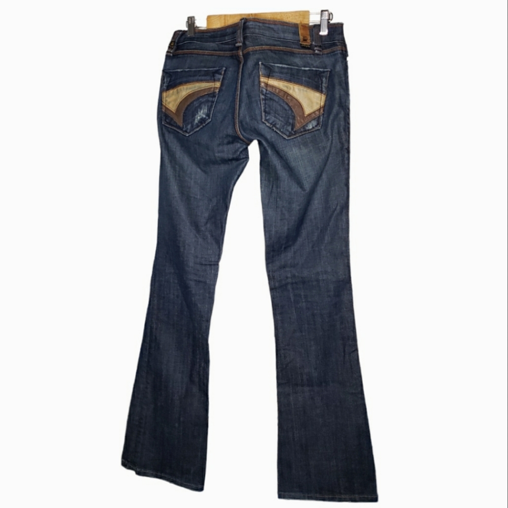 Vtg Odyn Low Rise Distressed Leather Pocket Long Denim Western Country Jeans 29